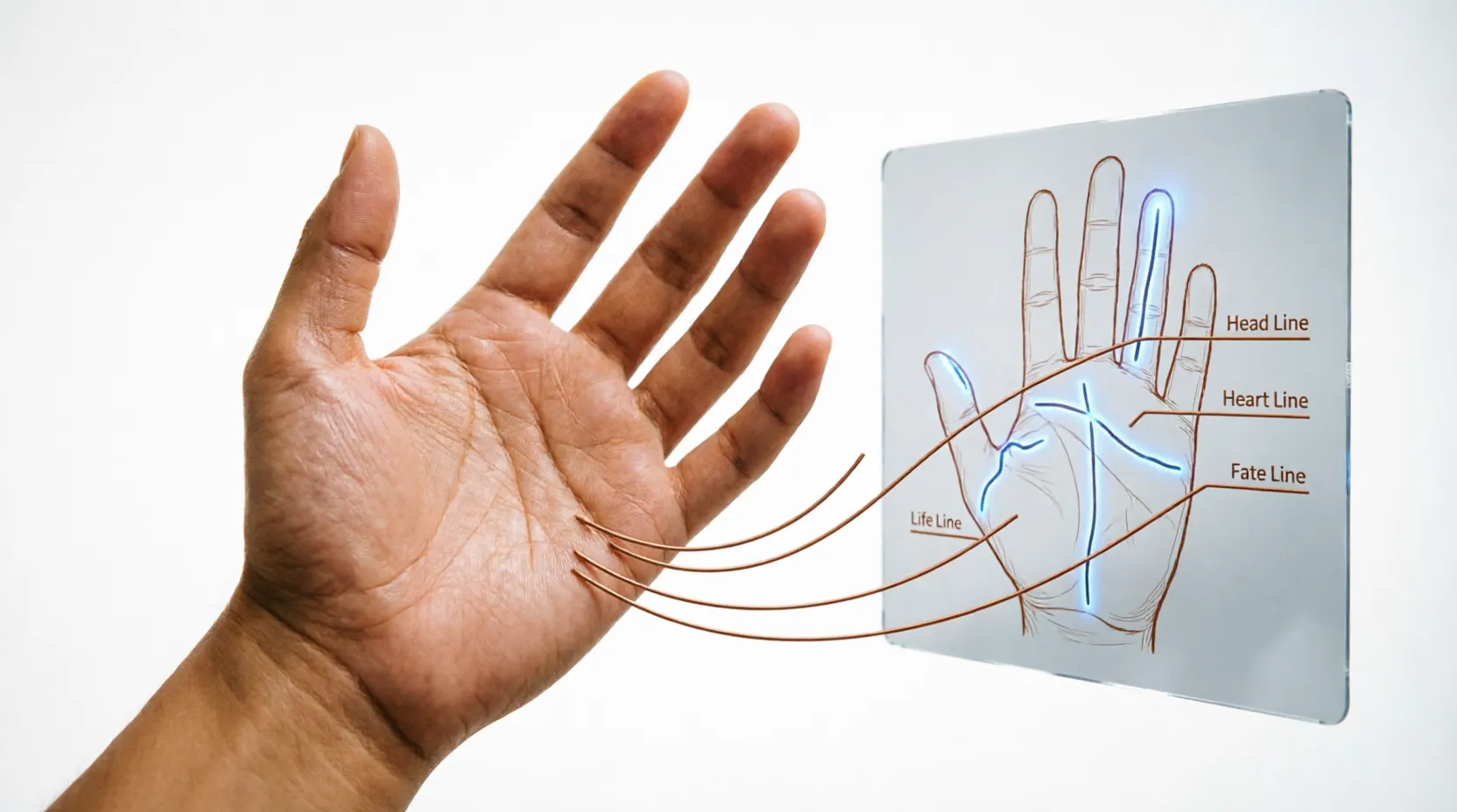 Editorial illustration of a palm photograph beside a chat interface