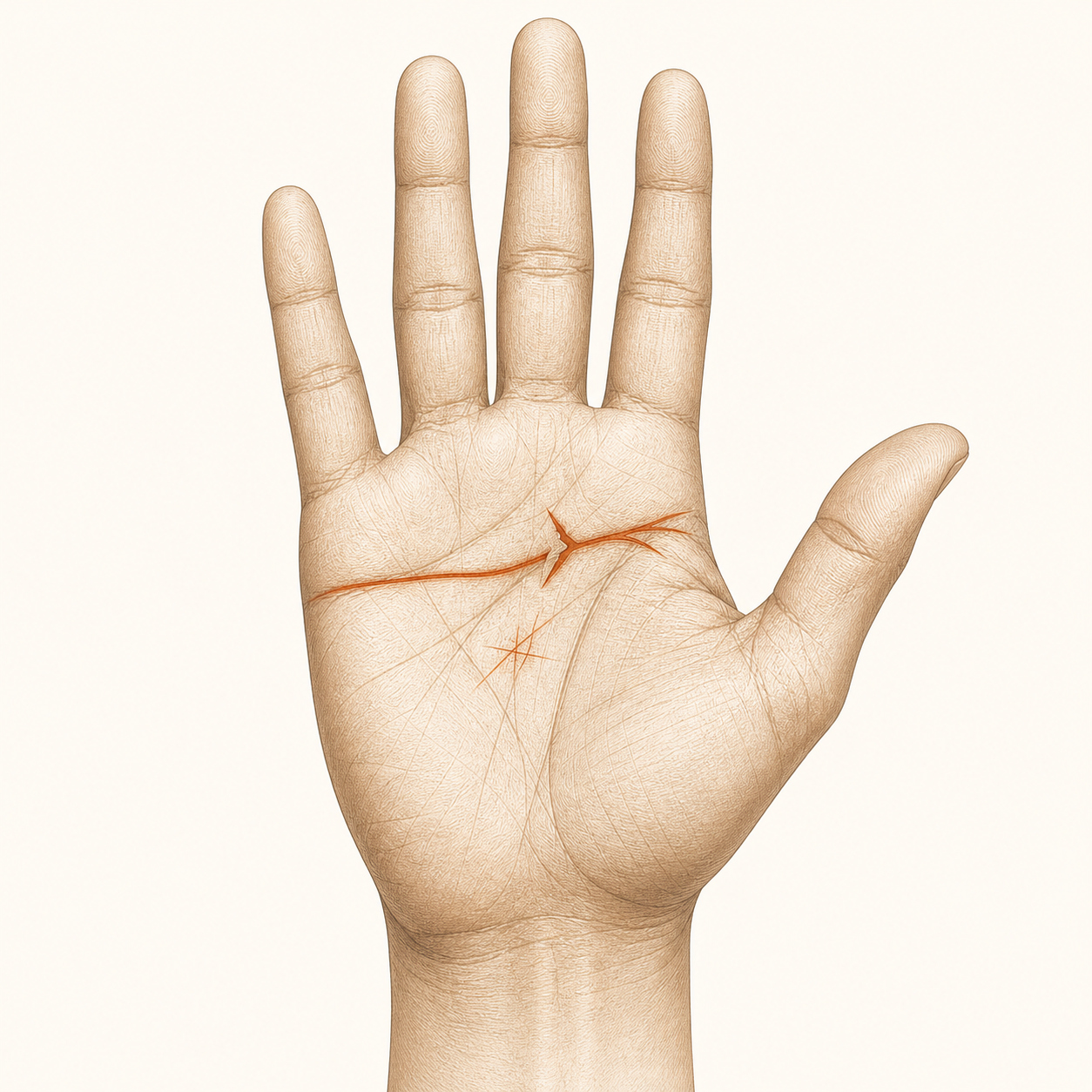 Open palm with a fractured friendship line, editorial mood