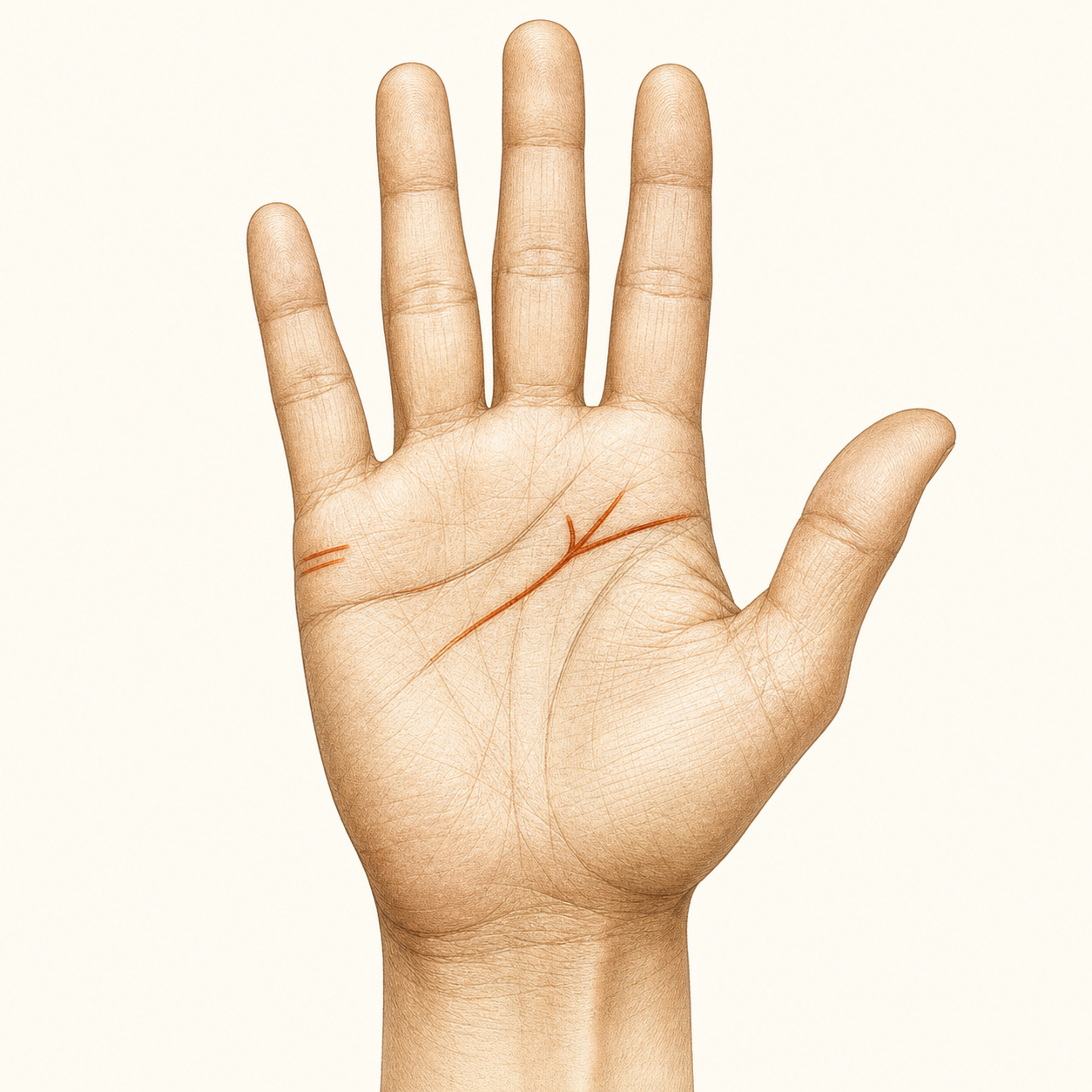 Palm with a forked heart line and a skeptical overlay