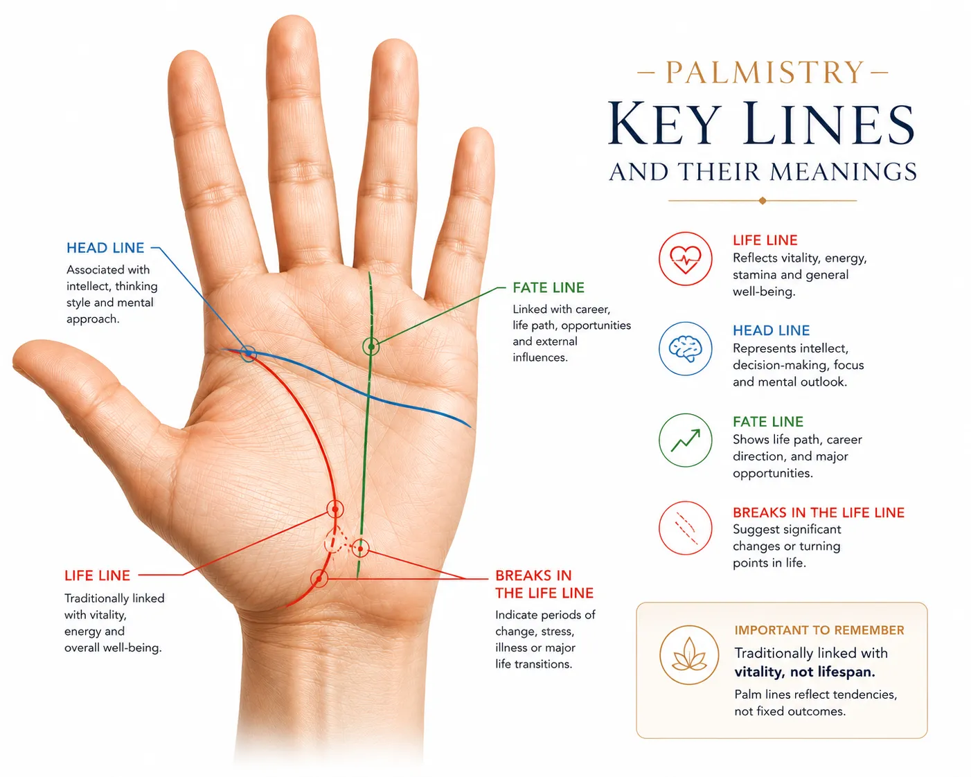 Annotated palm diagram showing life line and related markers