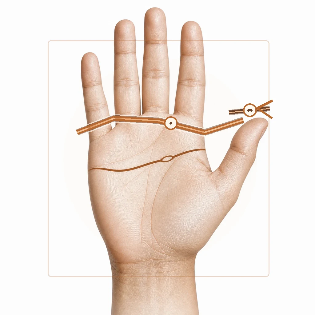 Annotated palm diagram for divorce-related palmistry markers