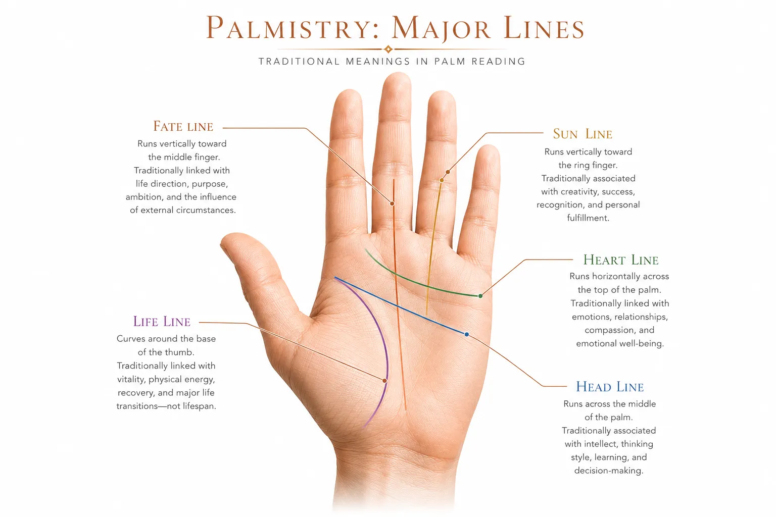 Annotated palm diagram for major predictive lines