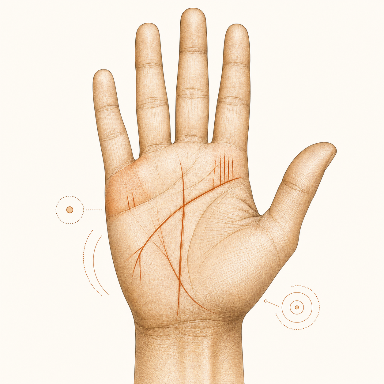 Palm with fate line highlighted, a sense of chance and possibility