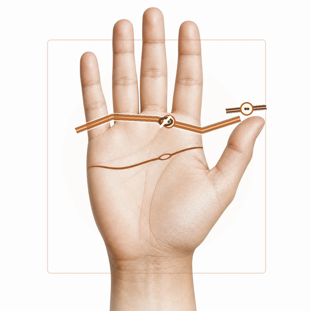 Palm diagram with chained heart line, island on union line, and cross on Venus mount