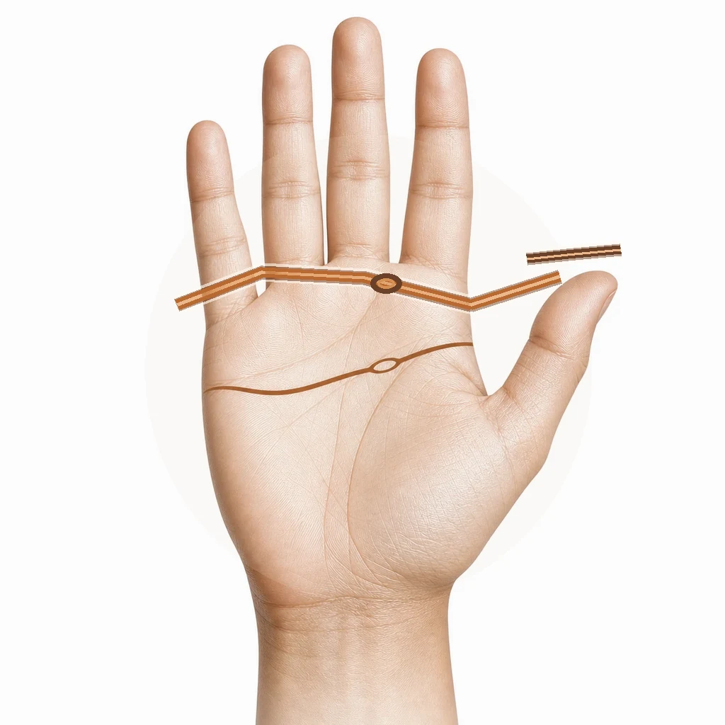 Hand with a chained heart line and a small island highlighted