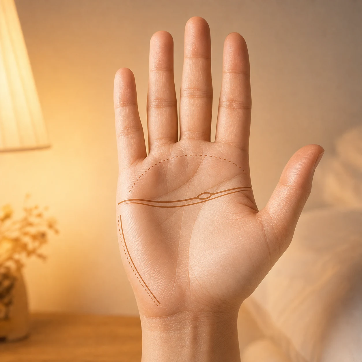 An open palm under warm artificial light at night, soft warm lighting