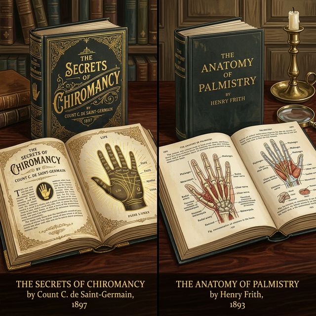 Side-by-side textual comparison of vintage palmistry diagrams from Cheiro and Benham