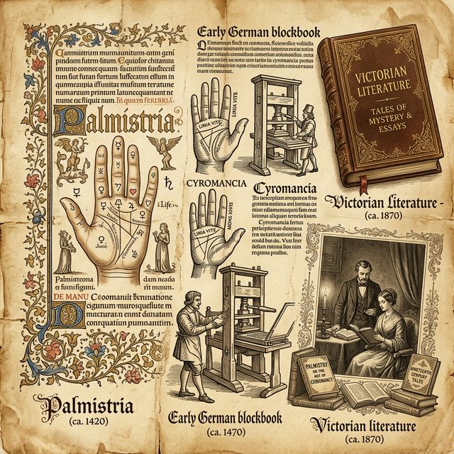 Chronological montage of ancient Sanskrit palmistry manuscripts, medieval woodcuts, and Victorian diagrams