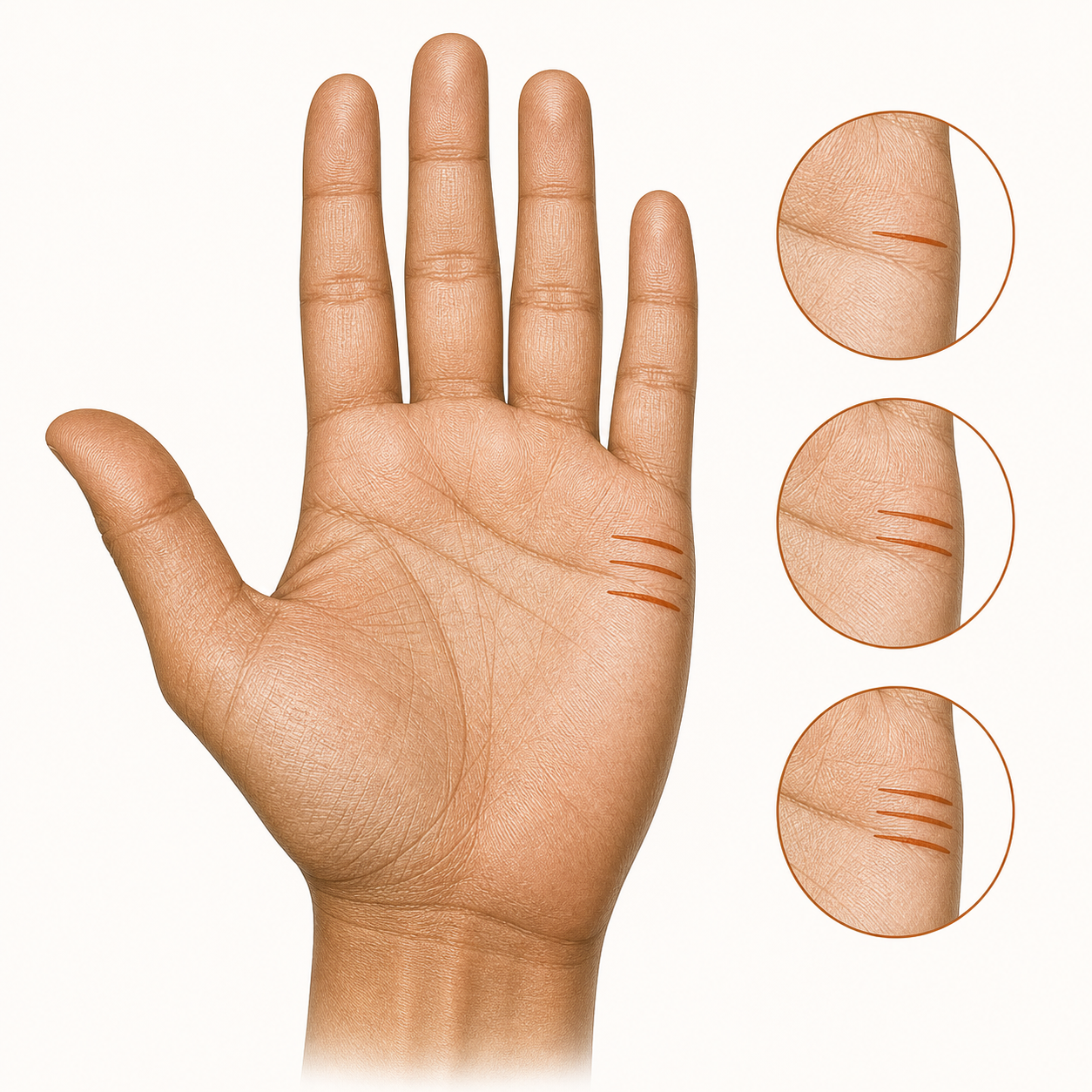 Editorial illustration of a palm showing several small marriage lines below the little finger