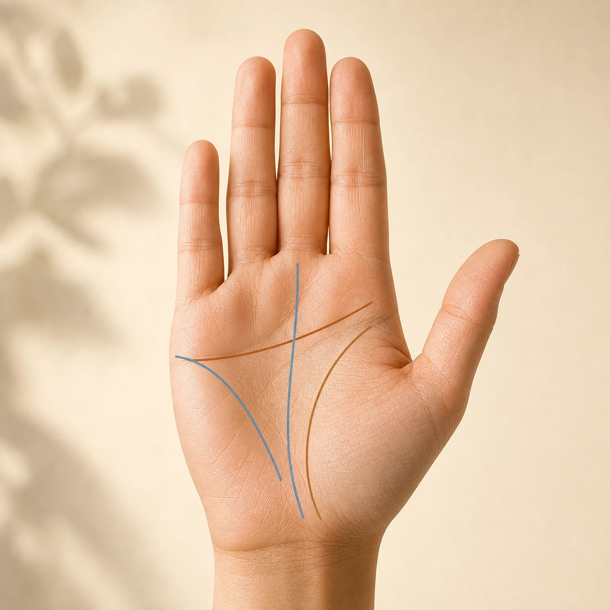 An open palm with the four major lines highlighted, soft warm lighting
