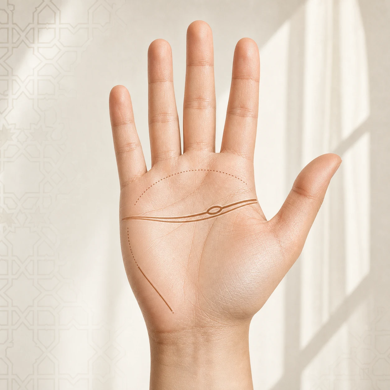 Closed curtain and open palm in restrained editorial style