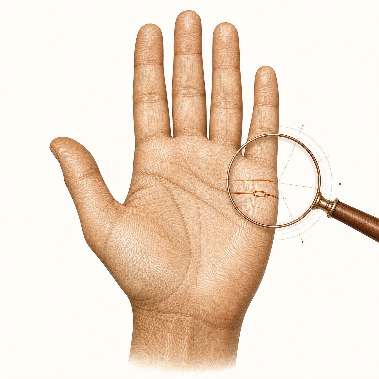 Open palm with a magnifying glass hovering above the marriage line area