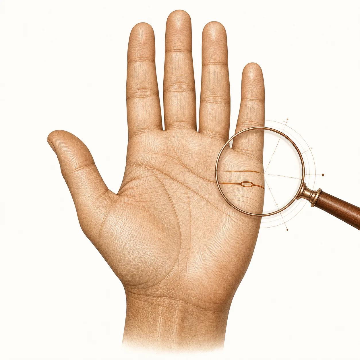 Open palm with a magnifying glass hovering above the marriage line area