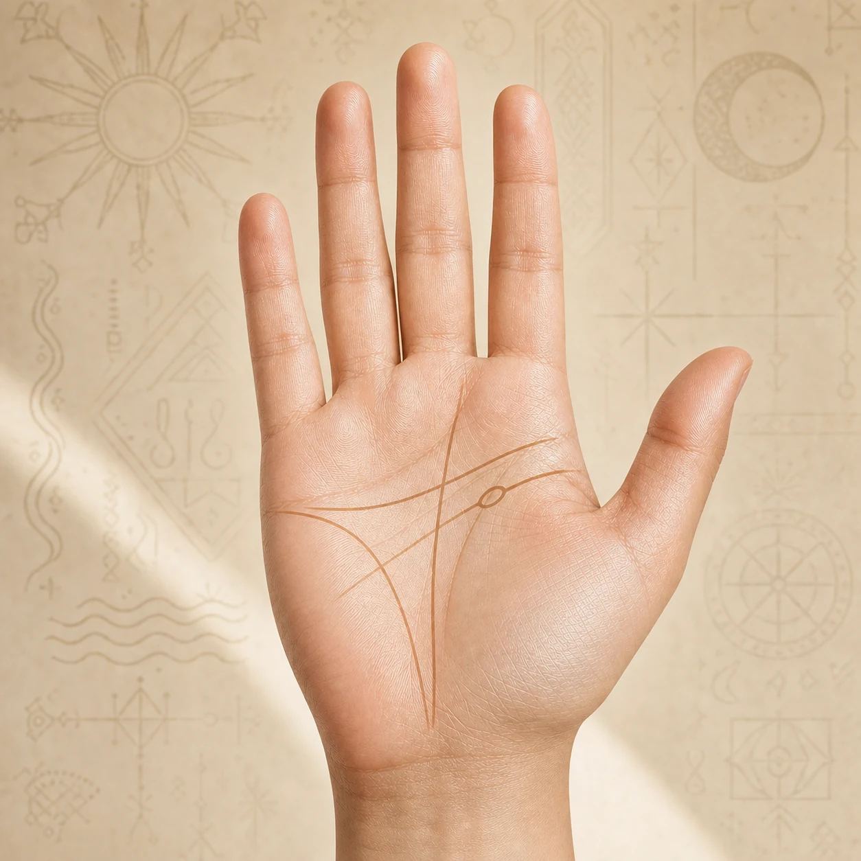 An open palm with ancient divination symbols in the background