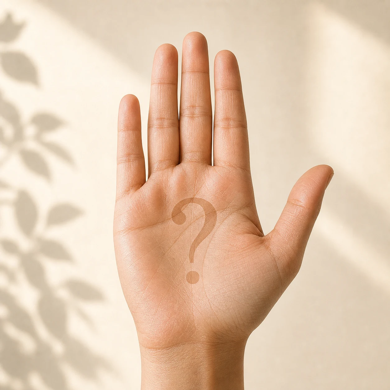 An open palm with a question mark, soft respectful lighting