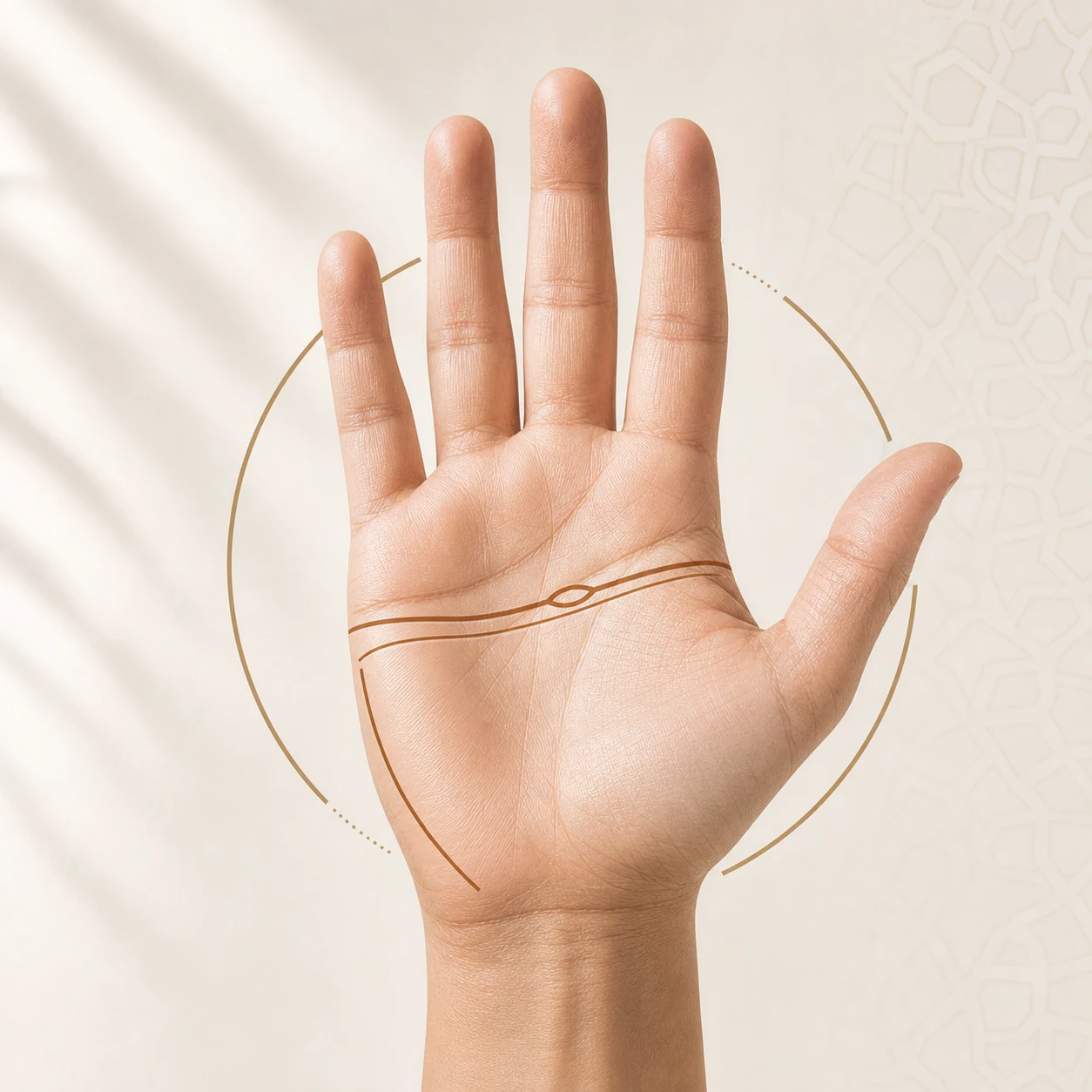 Open palm with restrained Islamic geometric pattern
