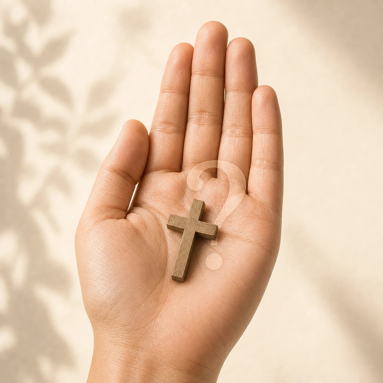 A hand holding a cross, with a question mark, respectful lighting