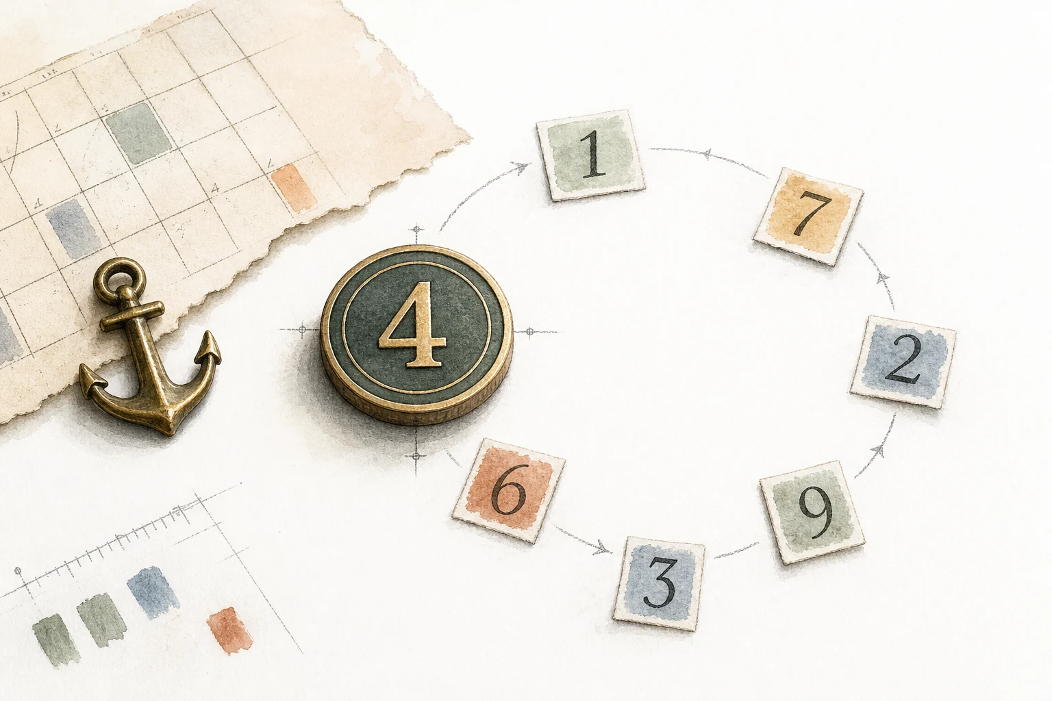 An editorial illustration of a single fixed number anchored beside a calendar page, with other numbers cycling around it