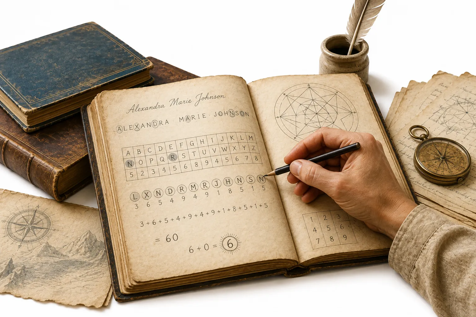 A birth name with consonants circled and converted into numbers for a personality number calculation
