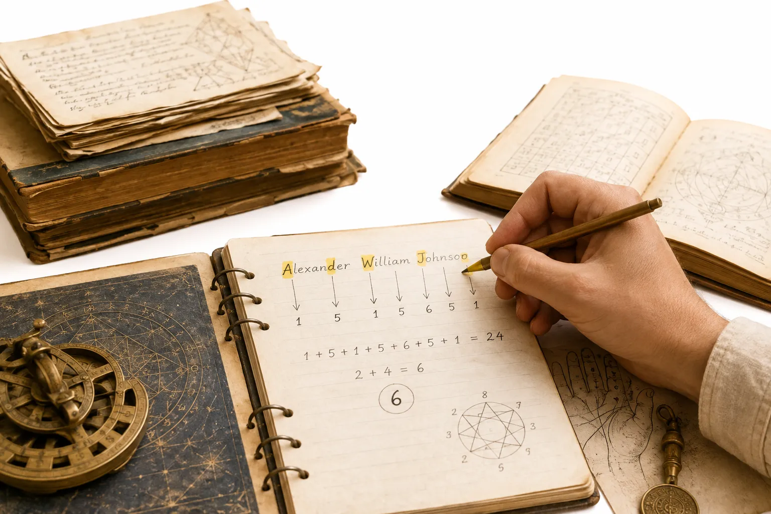 A birth name with vowels circled and converted into numbers for a soul urge calculation