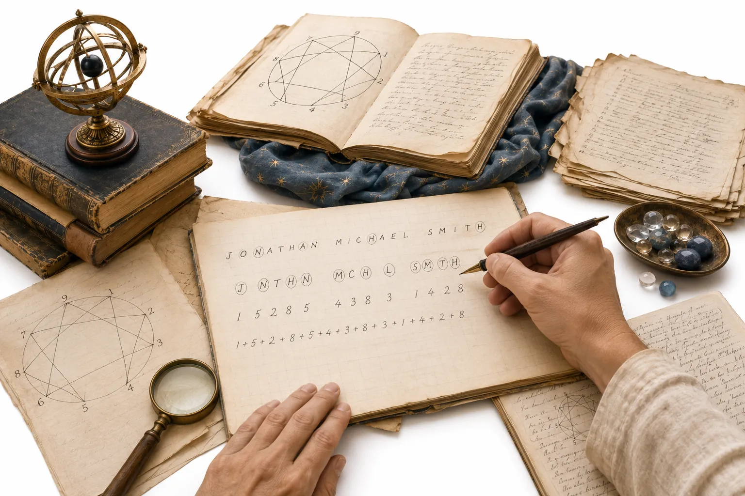 A handwritten birth name with vowels crossed out and consonants numbered for a quick personality number calculation