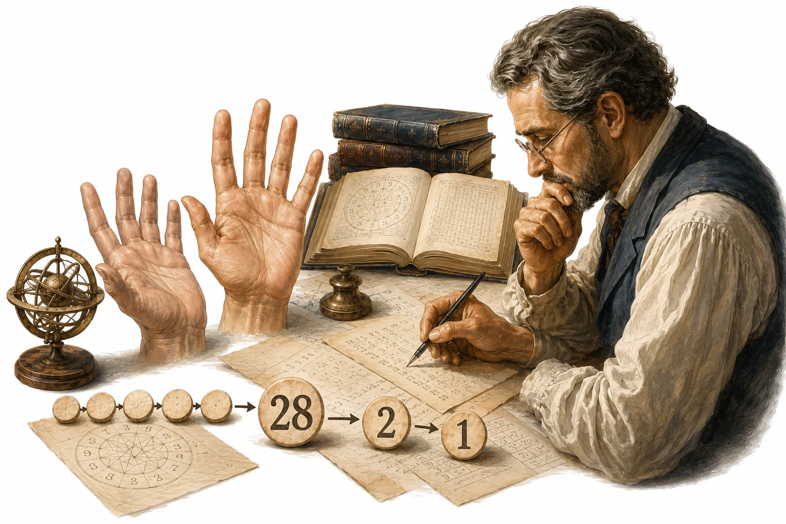 The number 28 reducing first to 10, then to 1