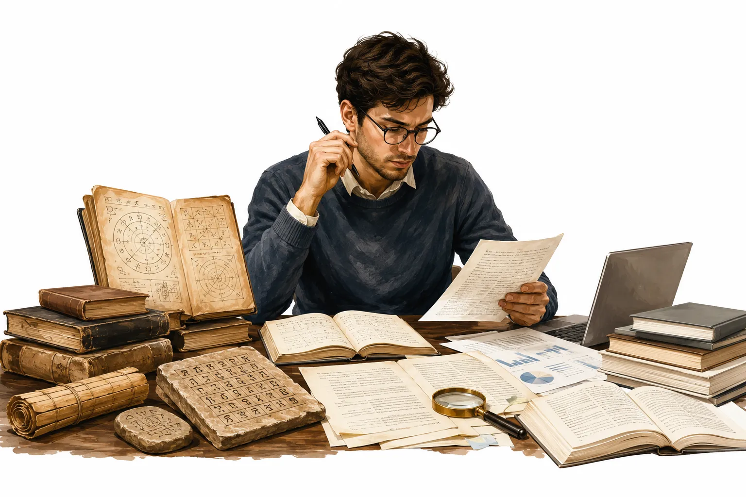 Editorial illustration of a calculator on one side and an empty scientific chart on the other