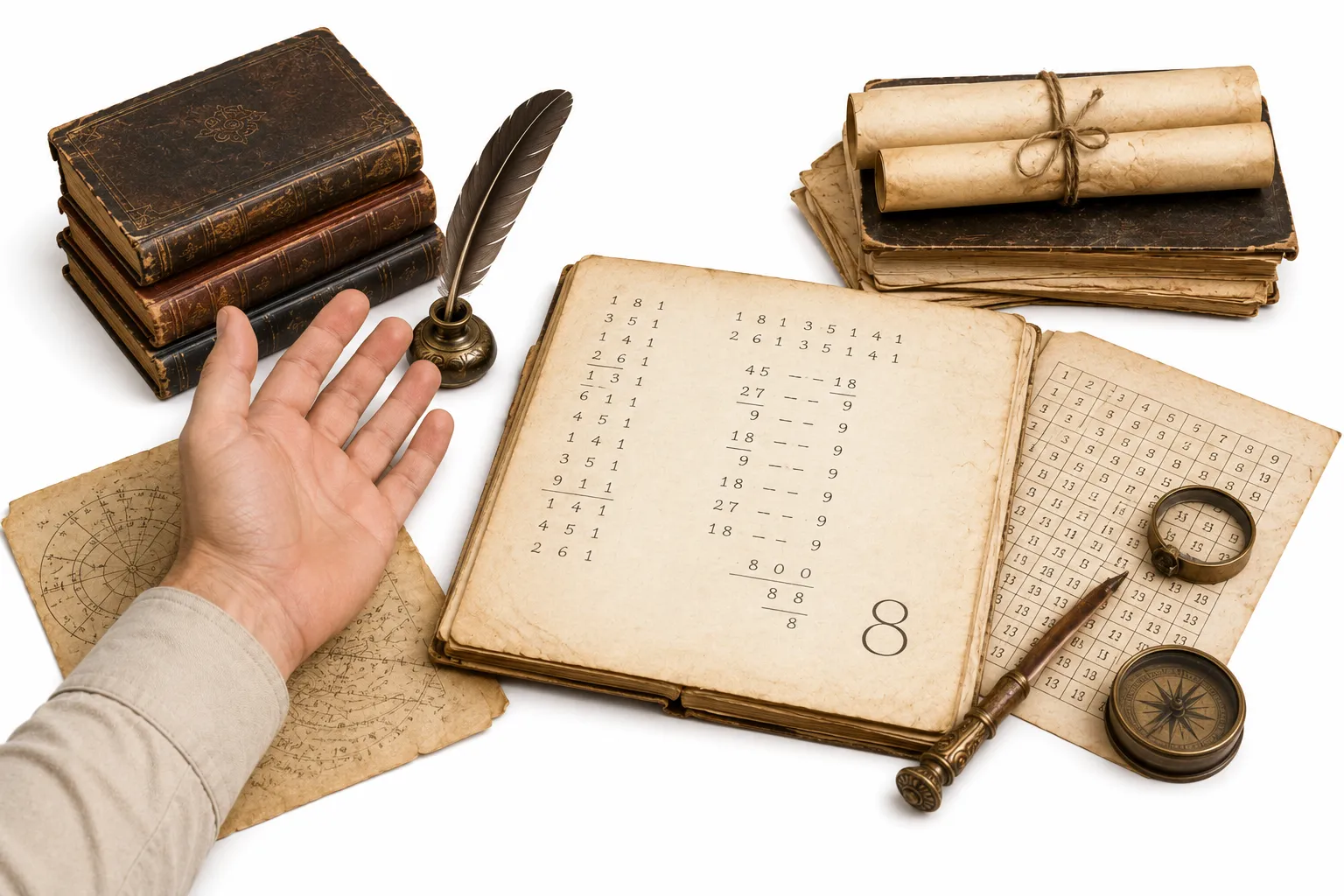 A birth name being converted letter by letter into numbers, reducing to the digit 8
