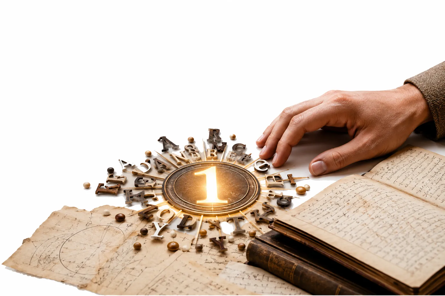 An open notebook with a name broken into numbered fragments