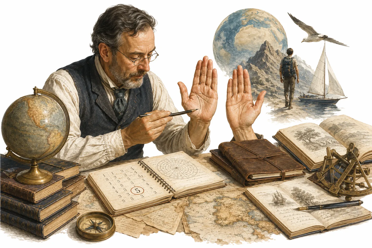 Editorial illustration of the number 5 depicted mid-motion, surrounded by scattered directional arrows