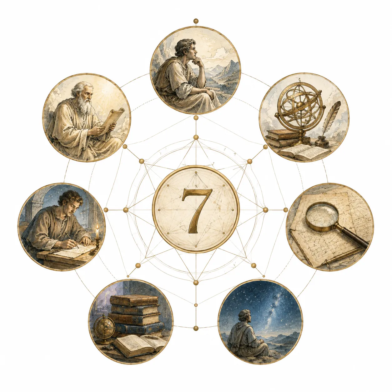 Illustration of a contemplative, watchful figure representing personality number 7