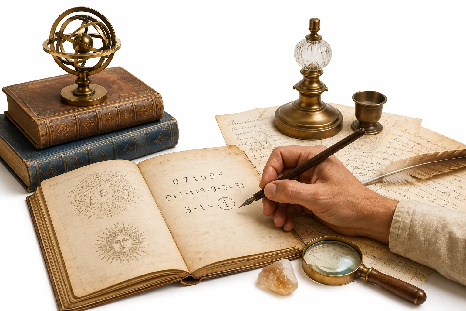 A calendar with the 1st, 10th, 19th, and 28th highlighted, all reducing to the birth number 1