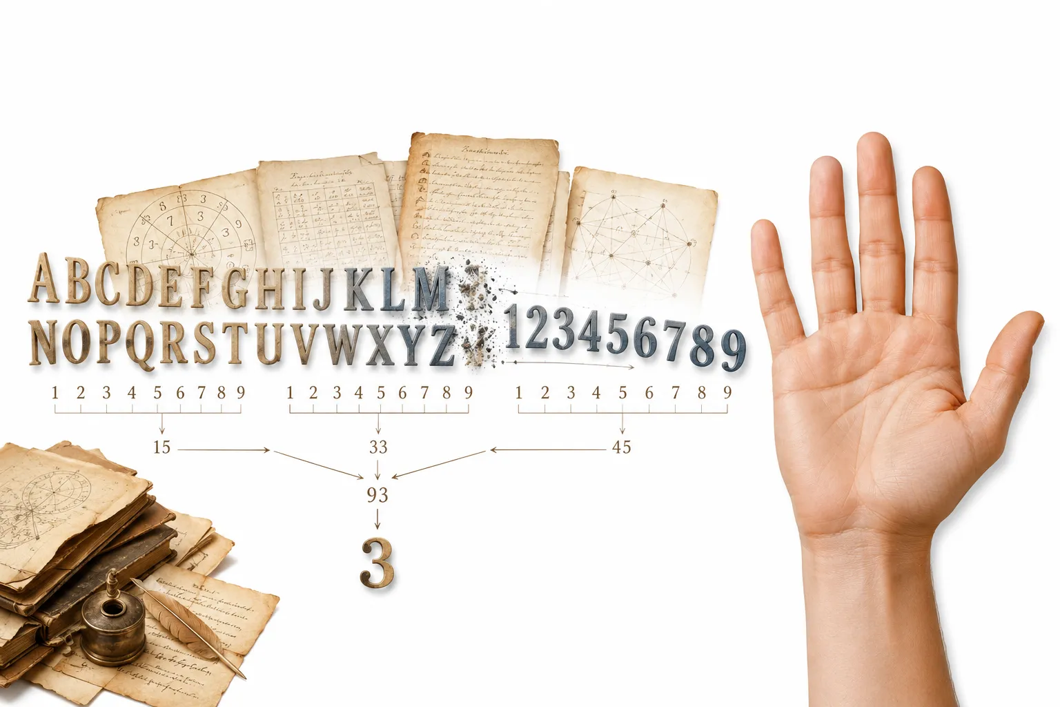 Letters of a name being converted into numbers on an editorial diagram