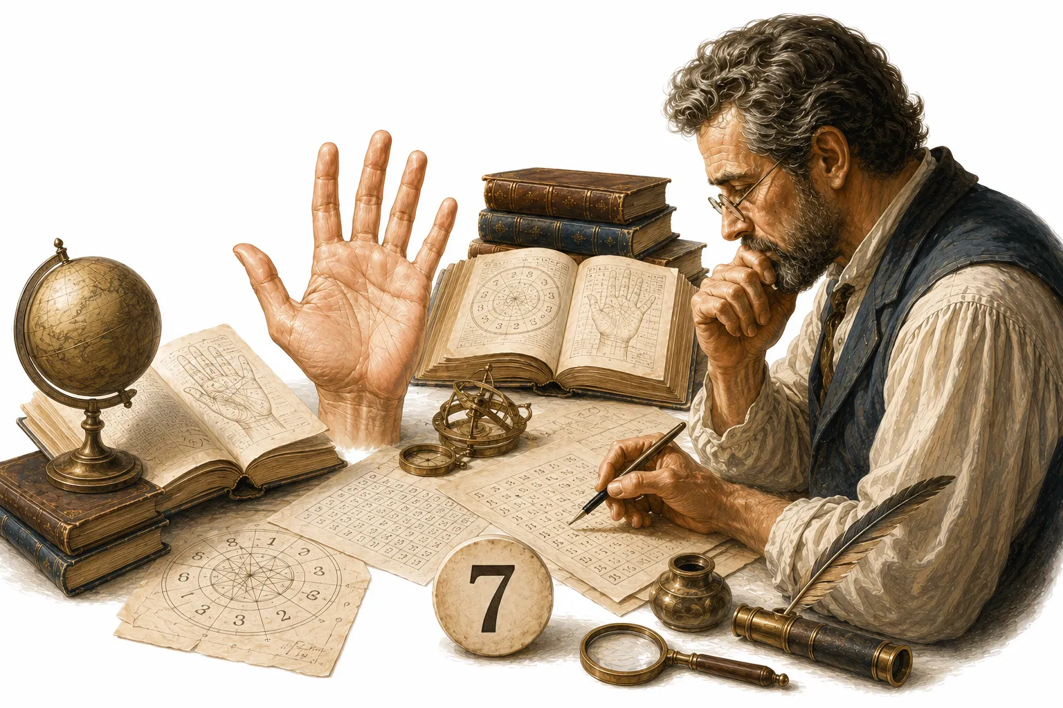 Editorial illustration of the number 7 surrounded by symbols of study and solitude