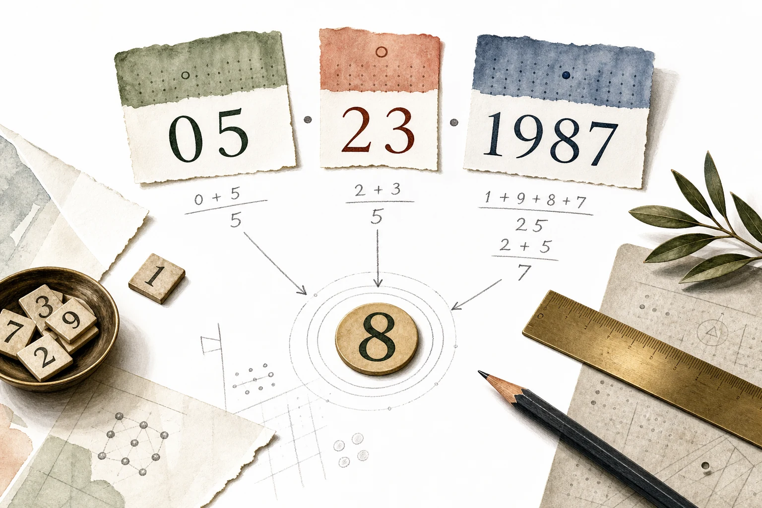 A handwritten birth date being reduced into a single number on an editorial field-note page