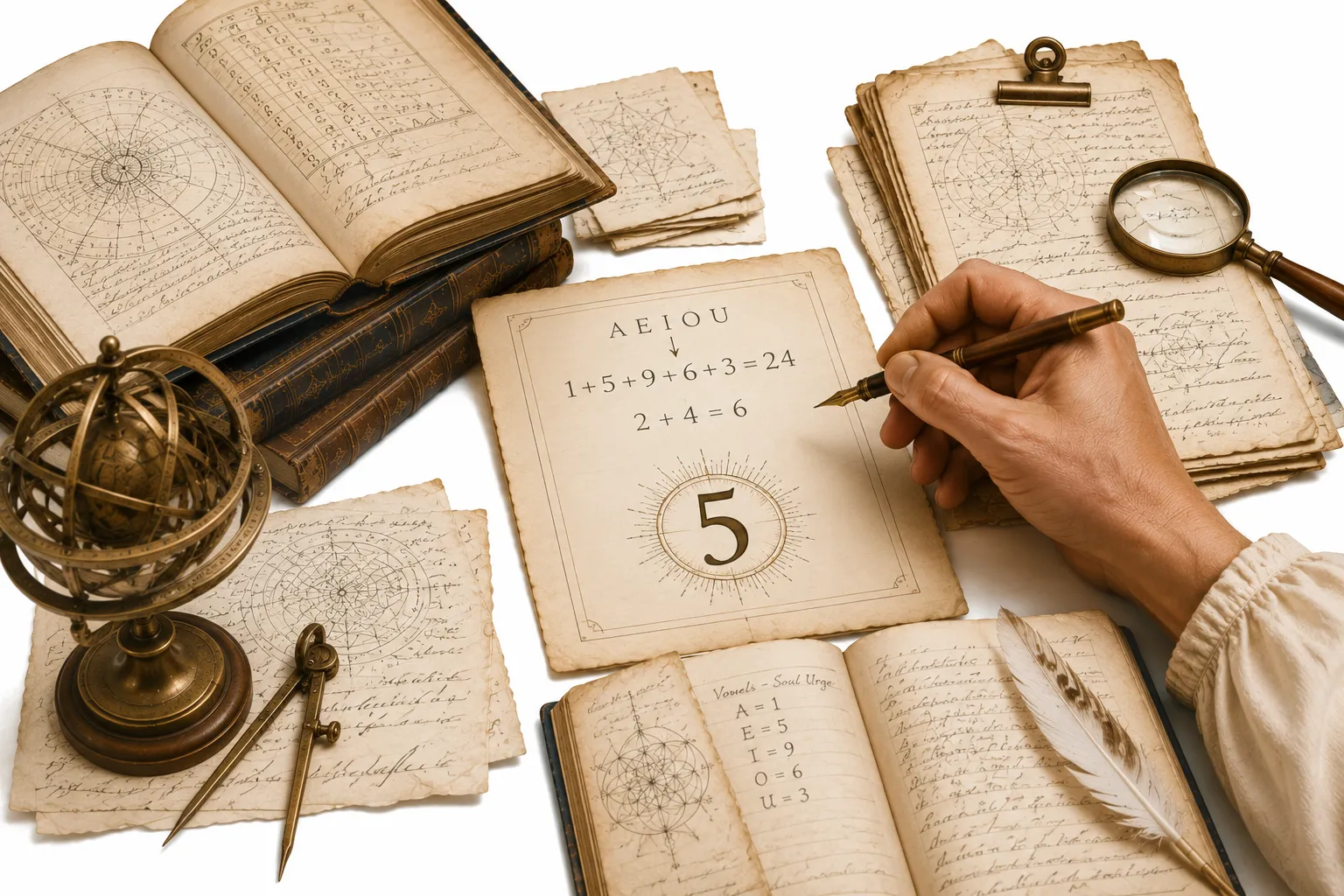 A birth name with its vowels converted into numbers, reducing to the digit 5