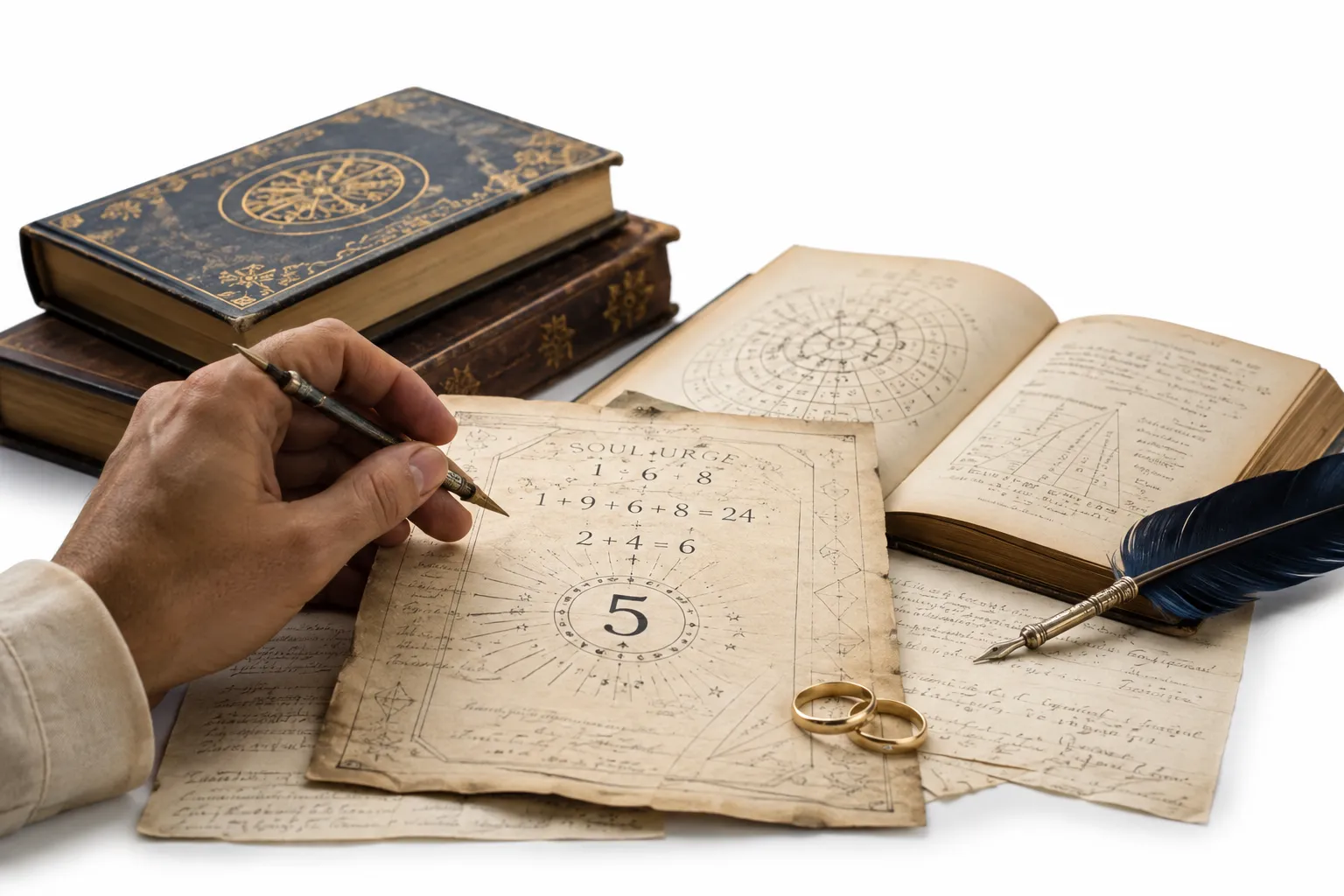 Two wedding rings next to a numerology chart showing the number 5