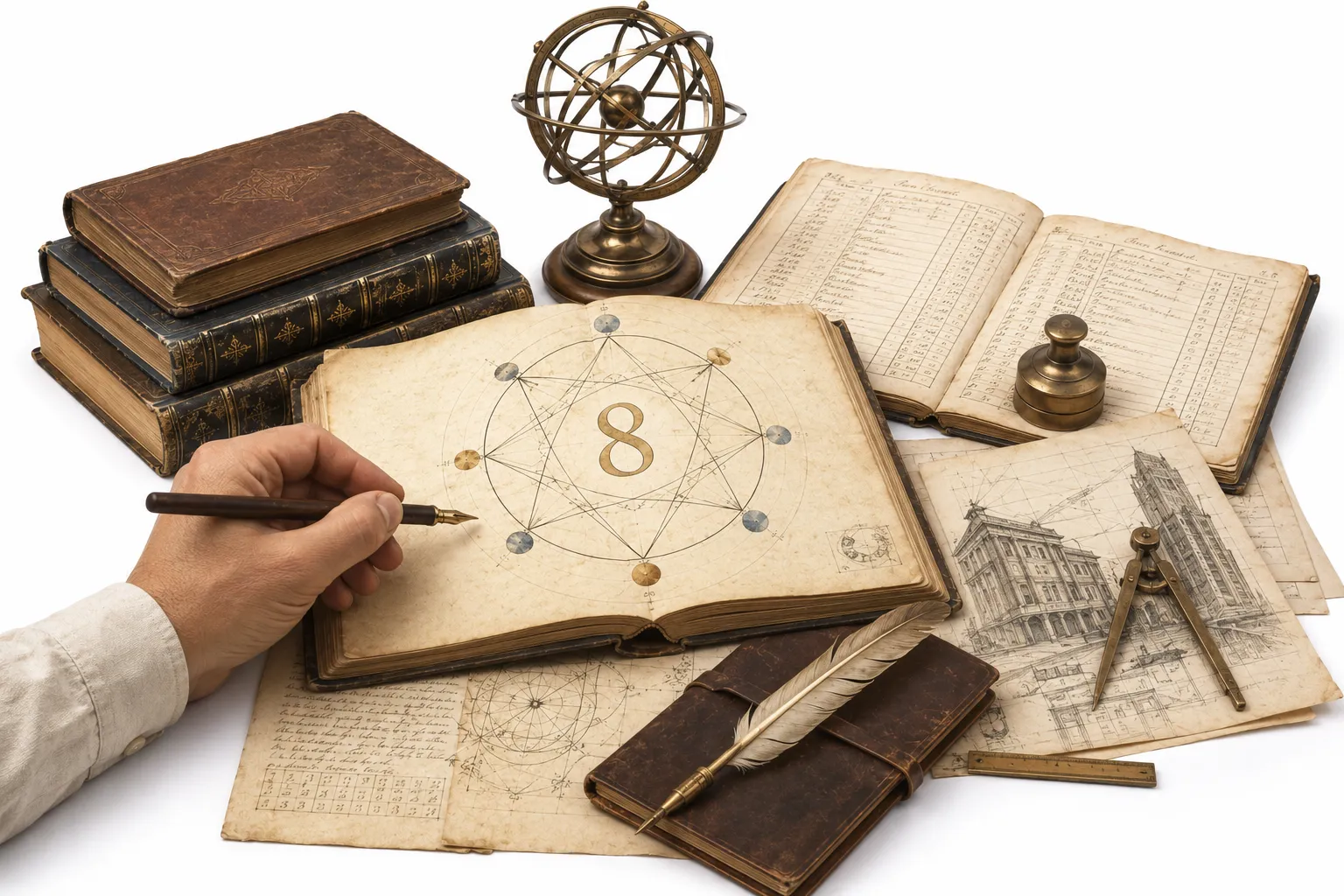 A briefcase next to a numerology chart showing the number 8