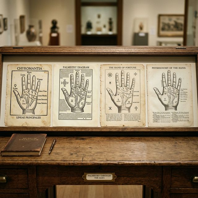 Comparative visual decoding chart showing four annotated historical palmistry diagrams side-by-side