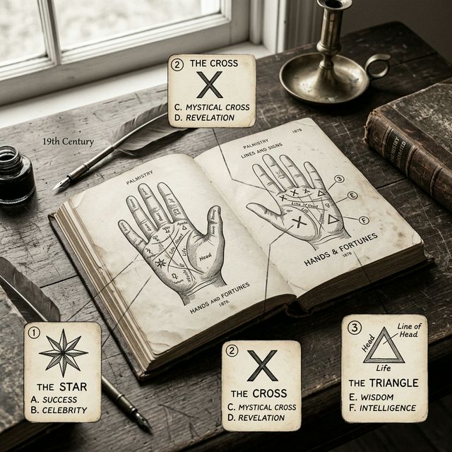 Comparative diagram of classic palmistry markings across four open 19th-century manuals