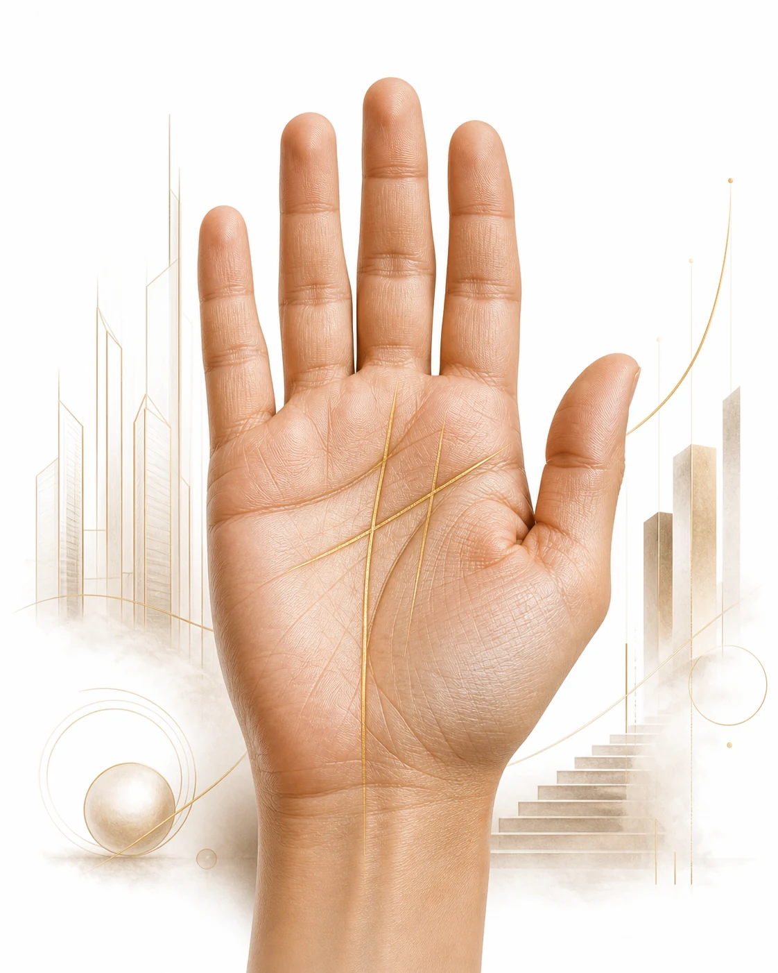 A hand with wealth related palm markers highlighted