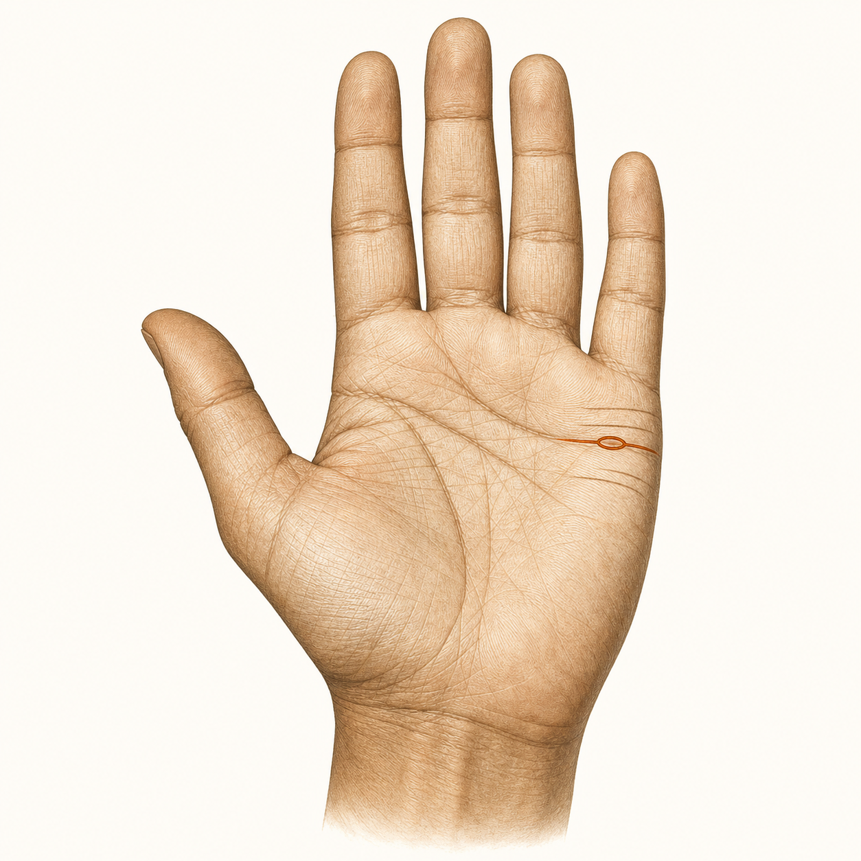 Close-up of a palm showing a small island formation on the marriage line