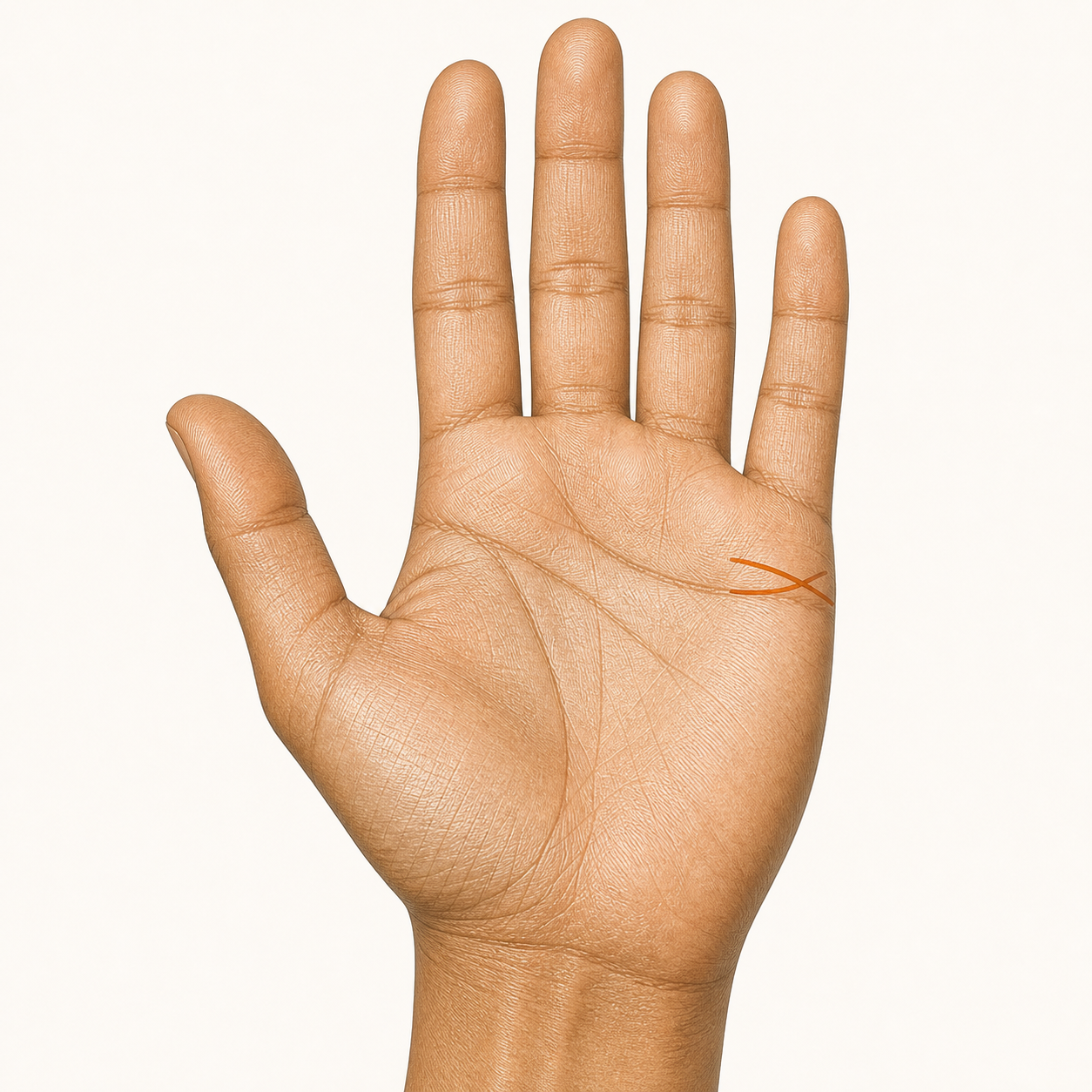 Close-up of palm showing two marriage lines that overlap or cross