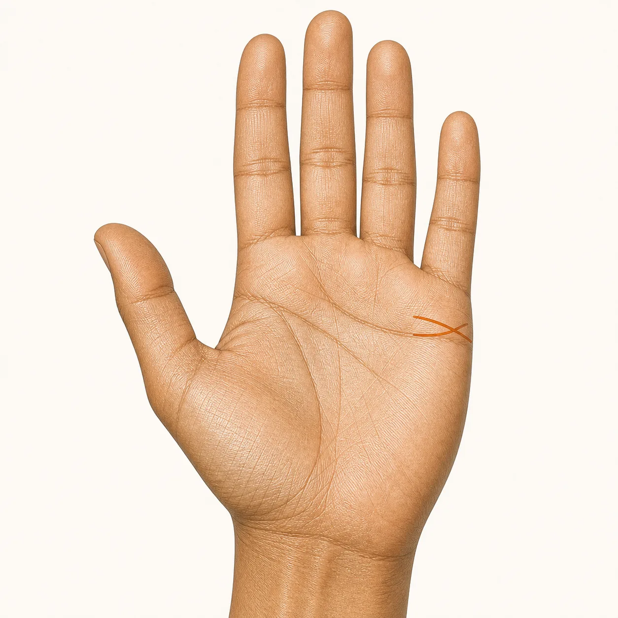 Close-up of palm showing two marriage lines that overlap or cross