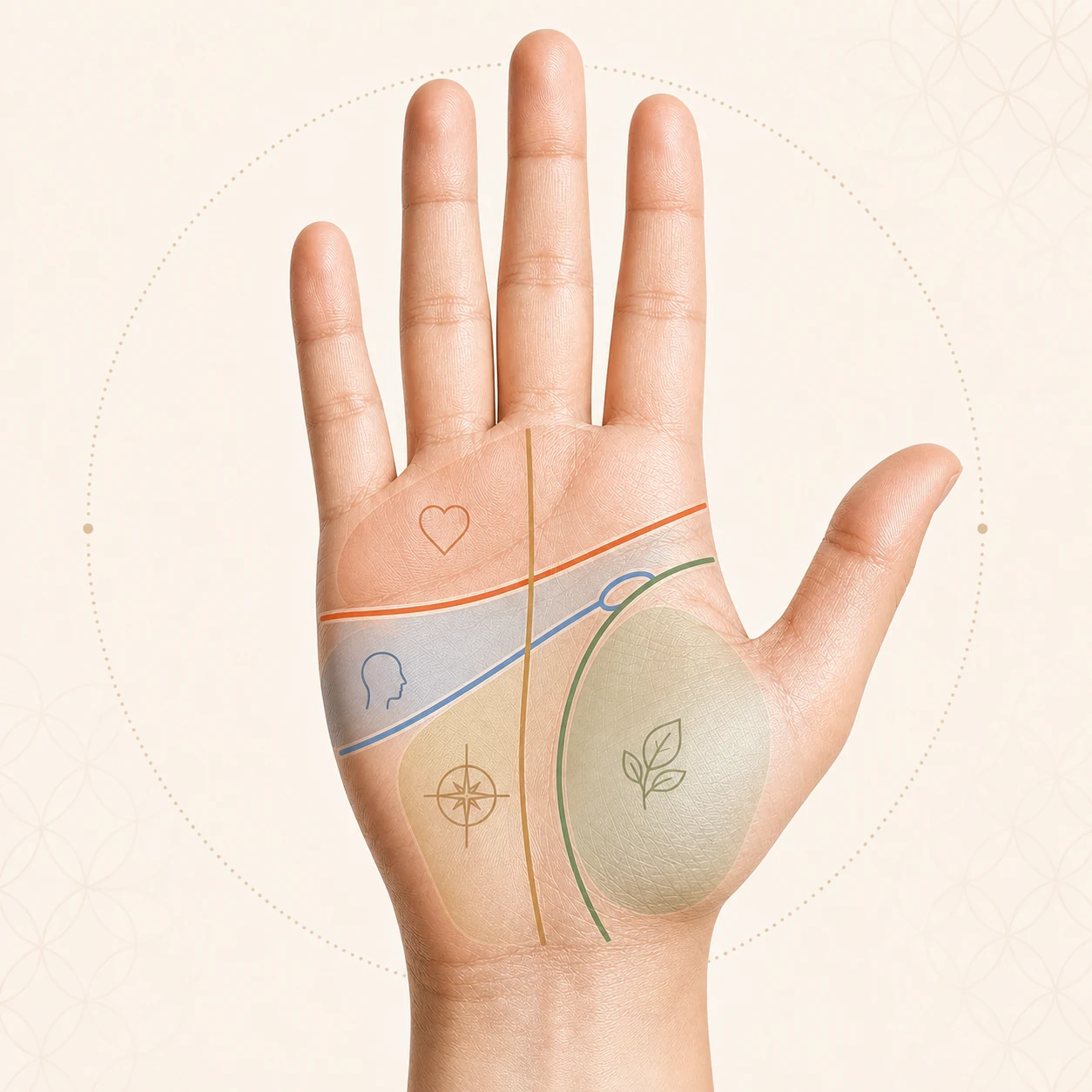 Palm diagram with the four major lines labelled and their meanings