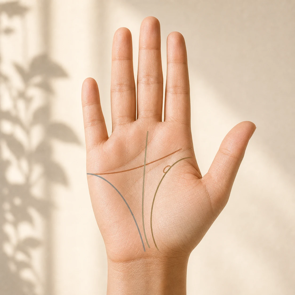 An open palm with the four major lines highlighted