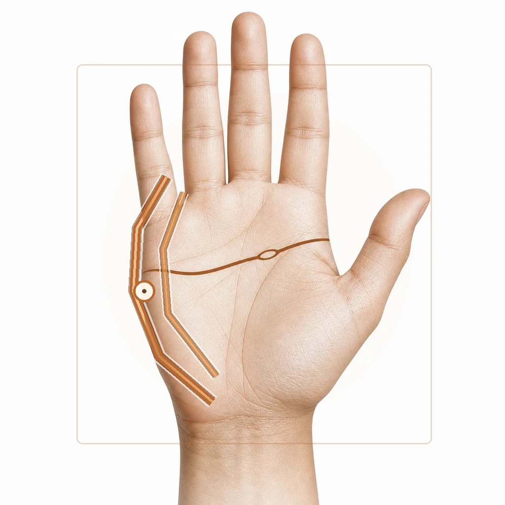 Palm diagram with double life line highlighted parallel to thumb