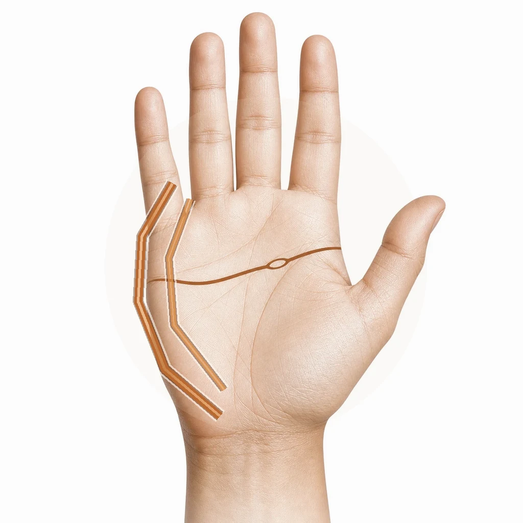 Hand with two parallel lines arcing around the thumb