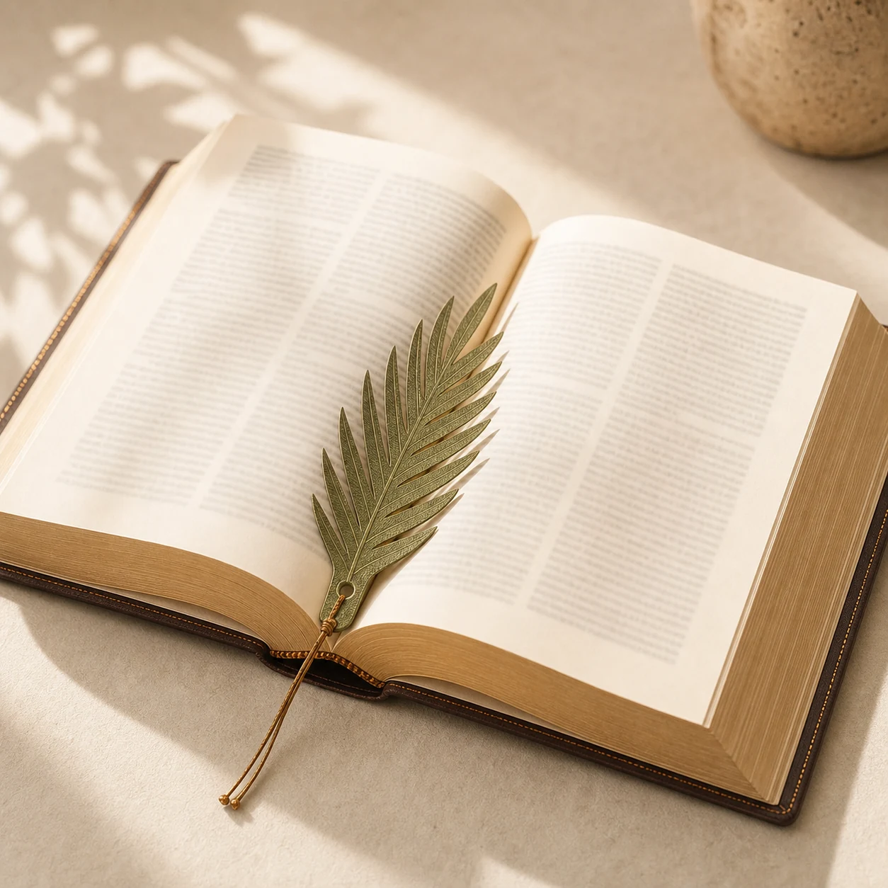 An open Bible with a palm leaf bookmark, soft respectful lighting