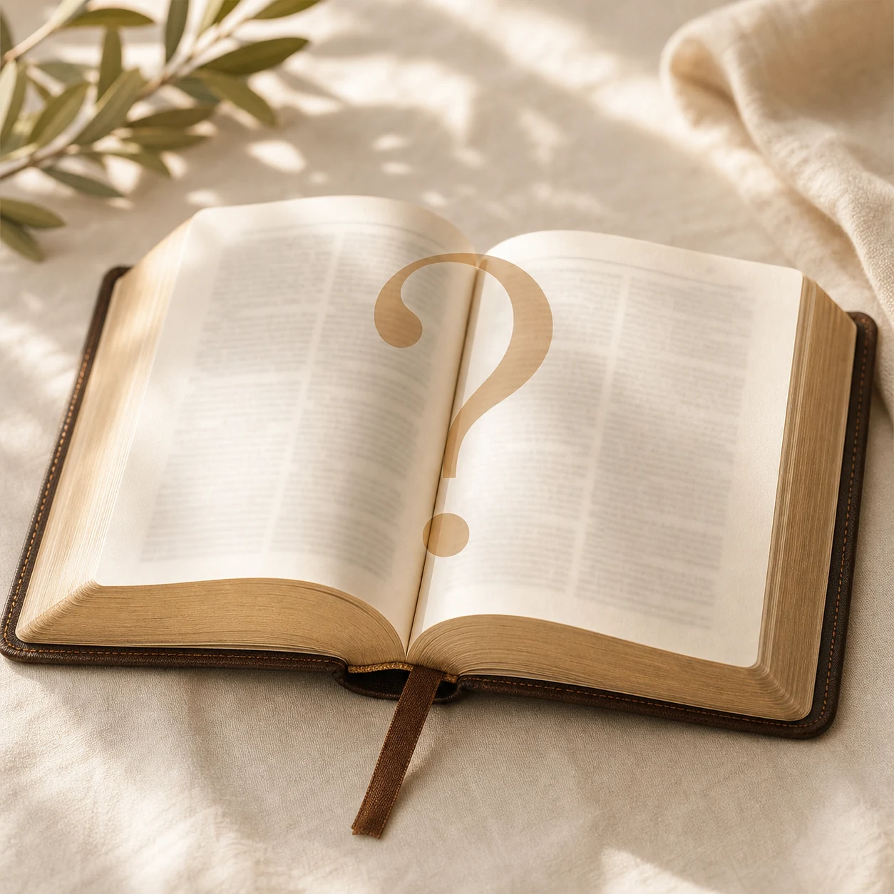 An open New Testament with a question mark, respectful lighting
